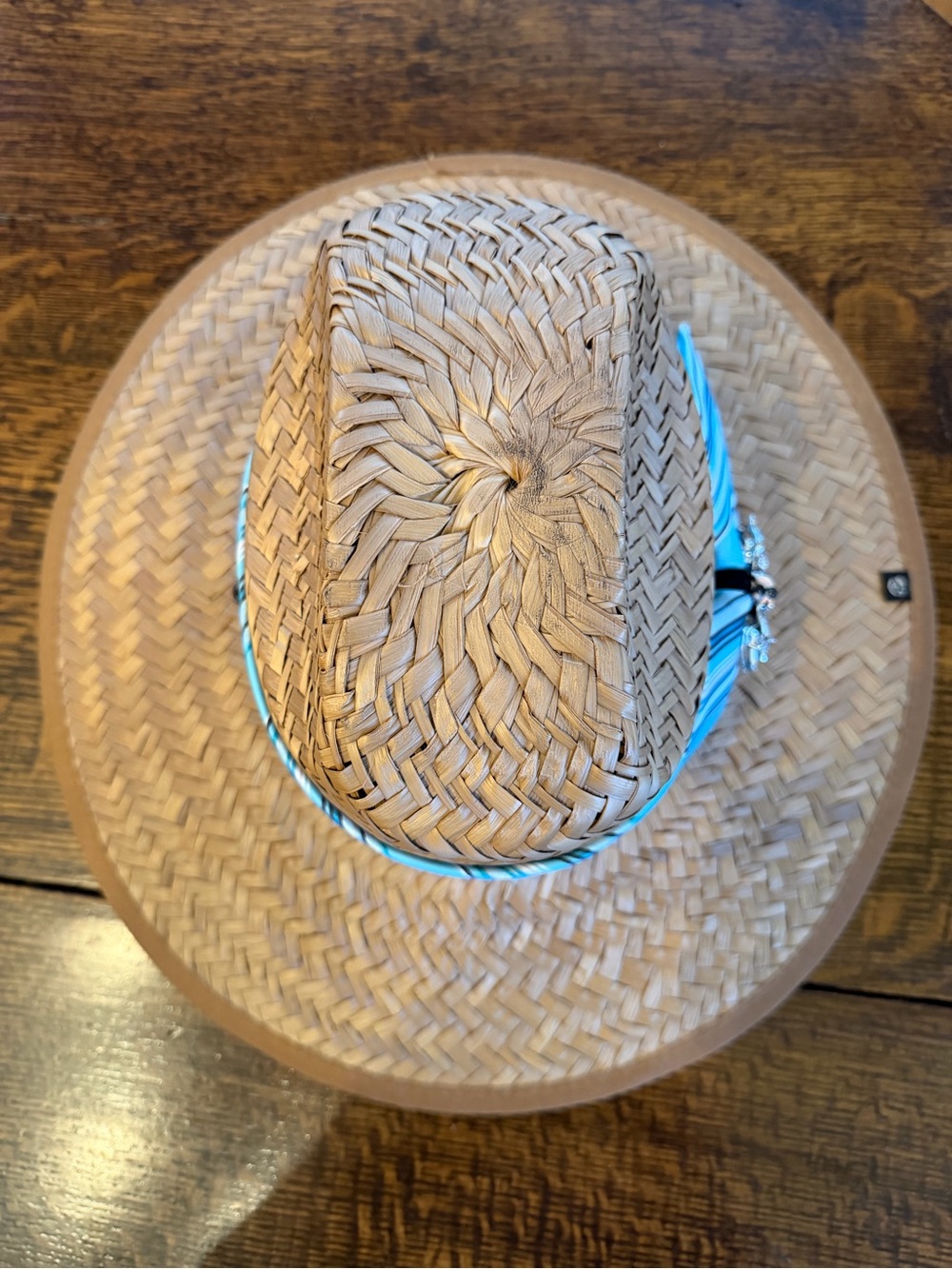 Riata Woven Straw Sun Hat with Aqua Striped Bow - Picture 6 of 12